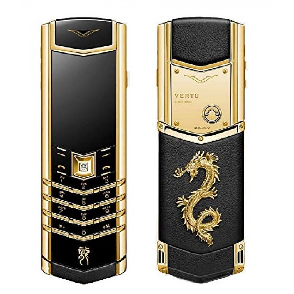 VERTU Signature Dragon Pure Gold Black Leather Luxury Keypad Phone